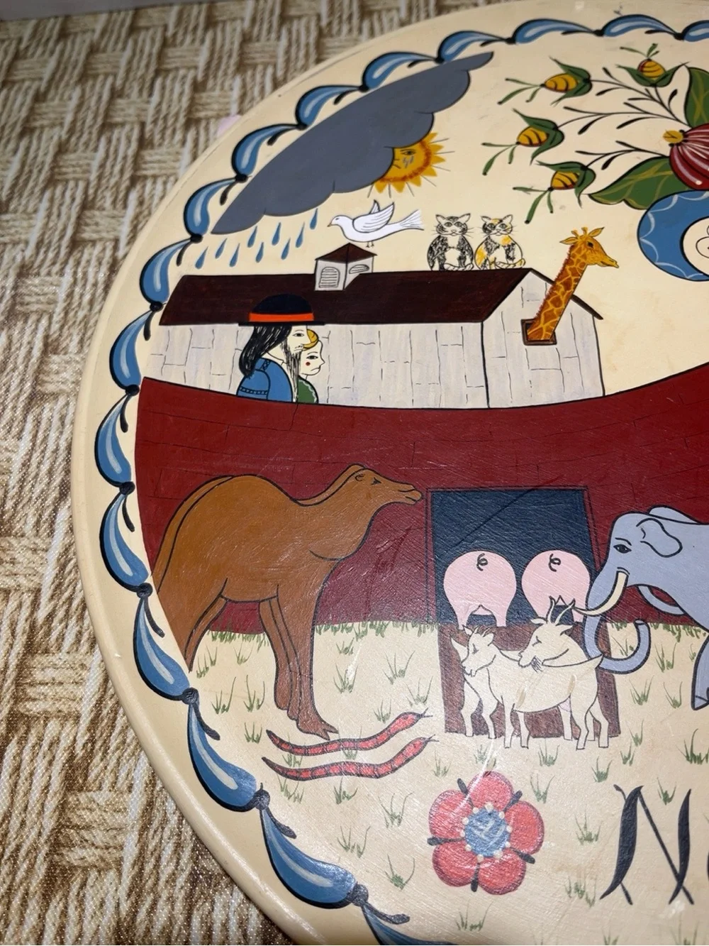 Rita Sharpe 1998 Noah’s Ark Swedish Folk Art Hand Painted Wood Plate 14”
